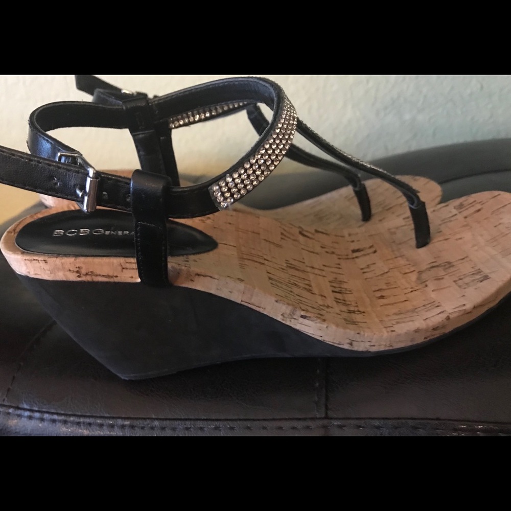 BCBG Wedge Sandals with Rhinestones, Silver Color